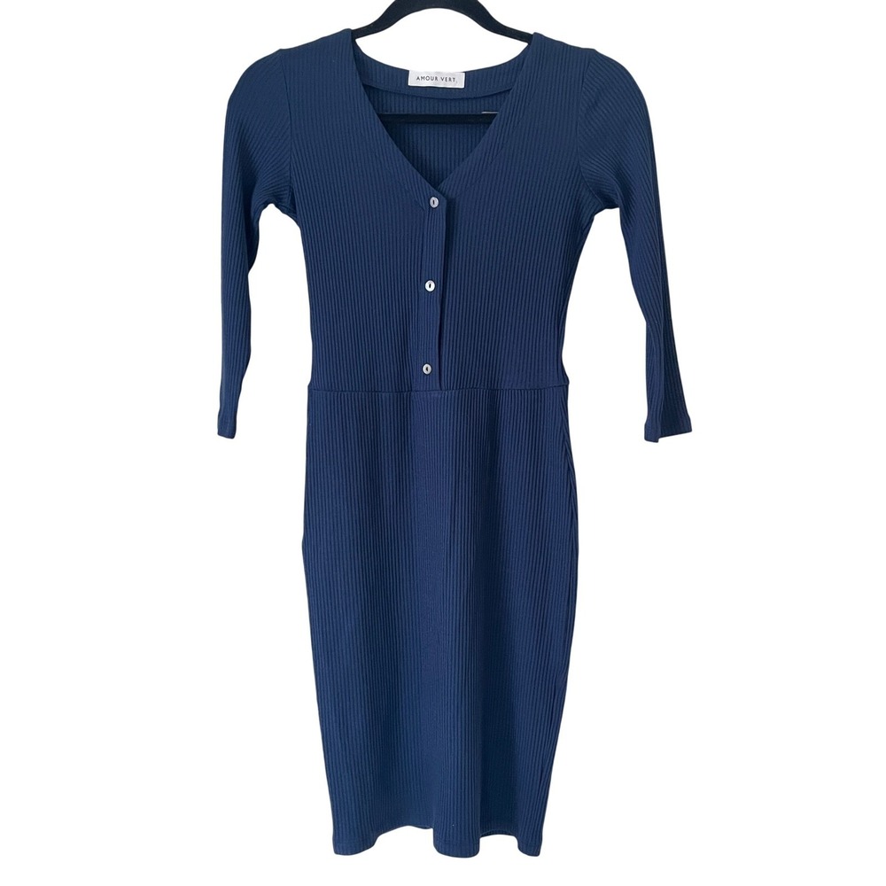 Amour Vert Long Sleeve Henley Mini Dress Button Front Long Sleeve Blue Sz XS‎